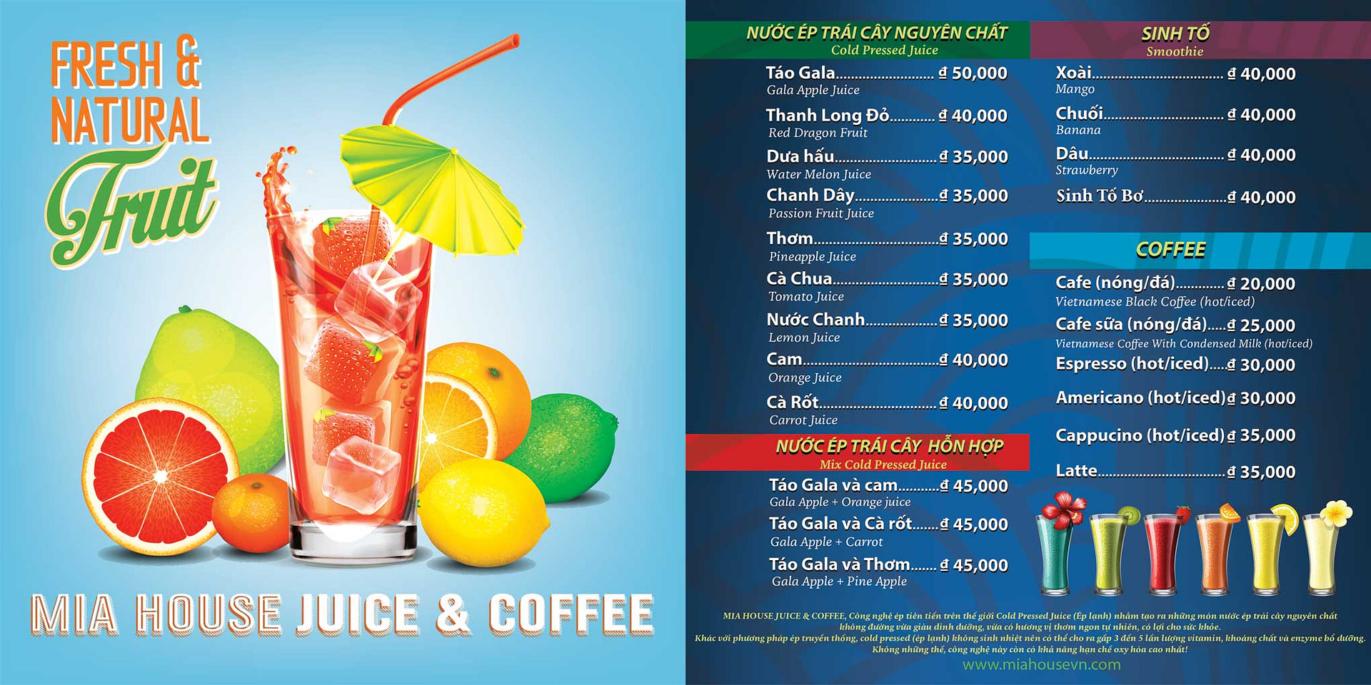 Menu Design for Mia Juice & Coffee.